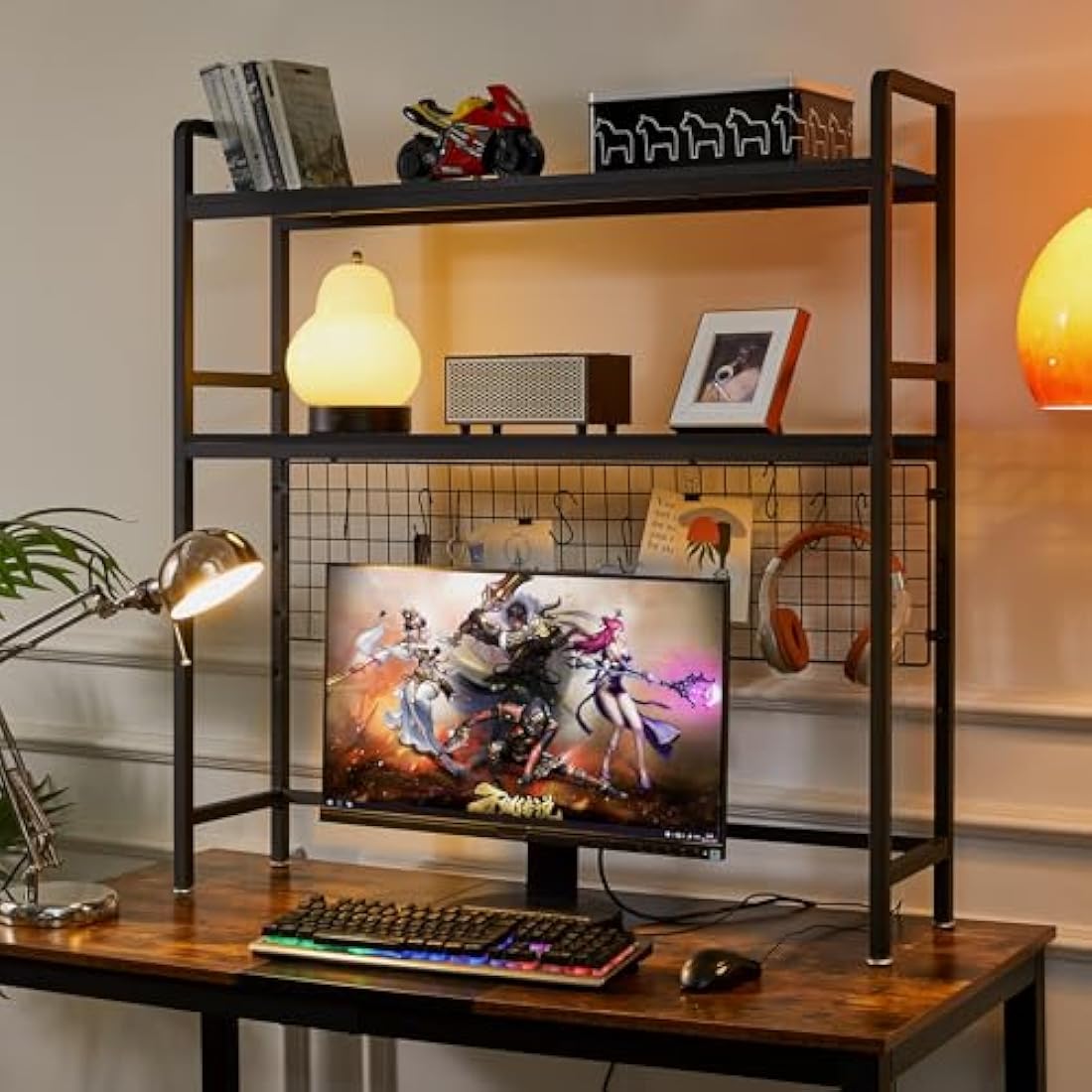 IBUYKE Computer Desktop Bookcase 2-Tier 37.5 Inch Multipurpose Wood Desk Hutch Bookshelf for Computer with Adjustable Shelf Display Rack Desk Organizer for Office Home Dormitory,Black TMZ003B