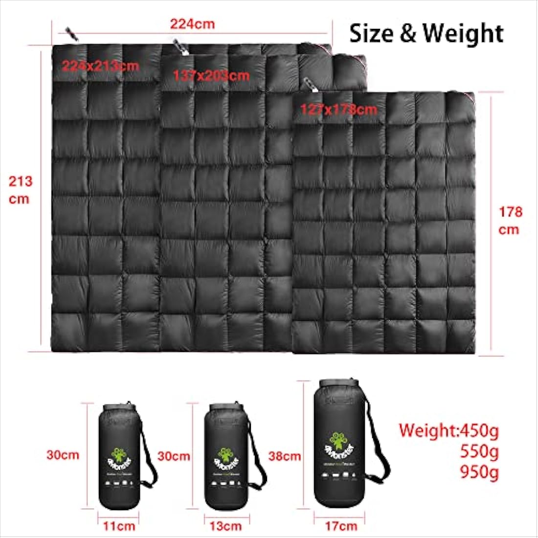 4Monster Down Blanket lightweight, Compact Outdoor Camping Blanket Super Warm, Waterproof Packable Blanket for Travel, Picnics, Camping, Hiking (Grid-black, S: (127 * 178 cm))