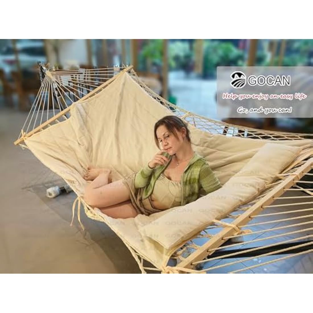 GOCAN Mesh Hammock,Cotton Rope hammocks with Pad Chains Hooks Tree Straps fit Stands from 9' to 15' for Outside Indoor Patio Yard