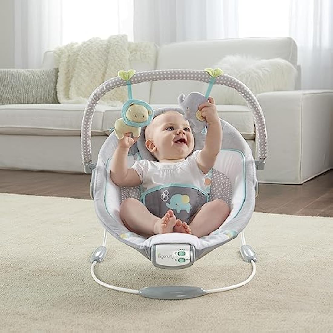 Ingenuity, Soothing Baby Bouncer Chair with Soothing Vibrating Infant Seat, Morrison - 8 Melodies, Removable Toy Bar with 2 Plush Toys, Volume Control, 3-Point Harness, Newborn 0-6 Months