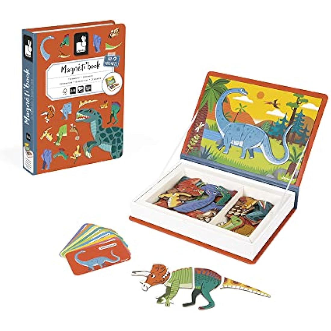 Janod - Magneti'Book Dinosaurs - 50-part educational magnetic game Teaches fine motor skills and imagination - FSC Certified - Suitable for ages 3 and up - J02590, Yellow(gelb)