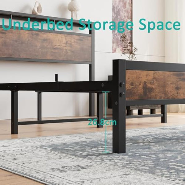 JELUTE Double Bed Frame with Wooden Storage Shelf Headboard, Metal Platform Bed Frame, No Box Spring Needed, Noise Free, Reinforced Strong Support Leg, Black