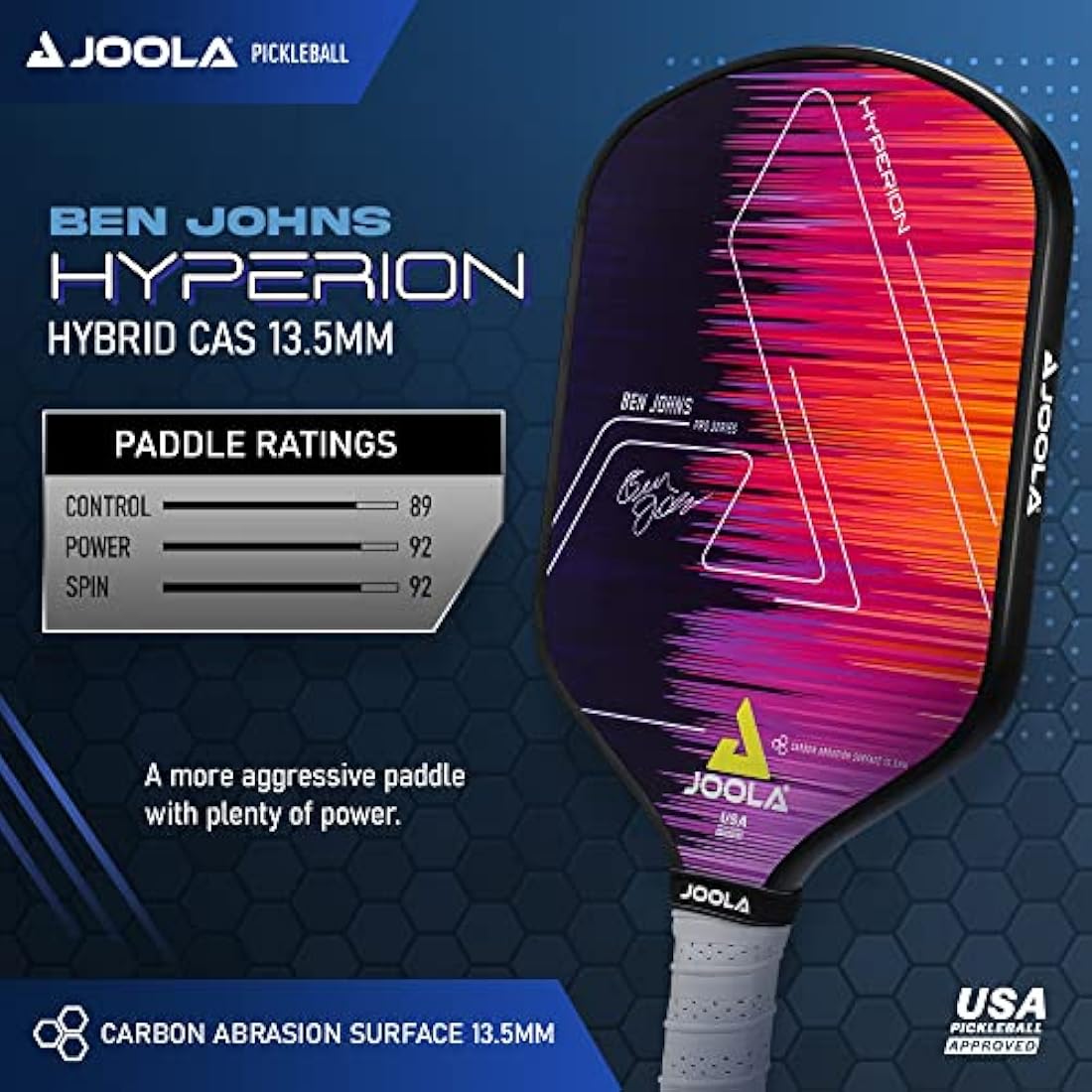 JOOLA Ben Johns Hyperion CFS Pickleball Paddle - Official Ben Johns Paddle - USAPA Approved Racket for Tournament Play - Edge to Edge Sweet Spot, Durable Max Spin Surface & Elongated Handle