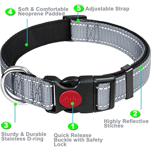 Dog Collar, Reflective Adjustable Basic Dog Collar with Soft Neoprene Padding, Durable Nylon Pet Collars for Puppy Medium Dogs