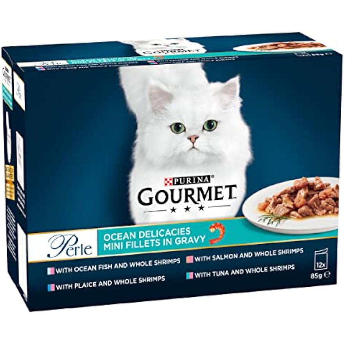GOURMET Perle Mini Fillets in Gravy Ocean Delicacies (Salmon,Tuna,OceanFish,Plaice) Wet Cat Food Pouch 12x85g, Pack of 4