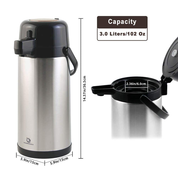 Airpot Coffee Carafe - TOMAKEIT Thermal Beverage Dispenser Insulated Pump Action Airpot for Hot/Cold Water (Press Pump)