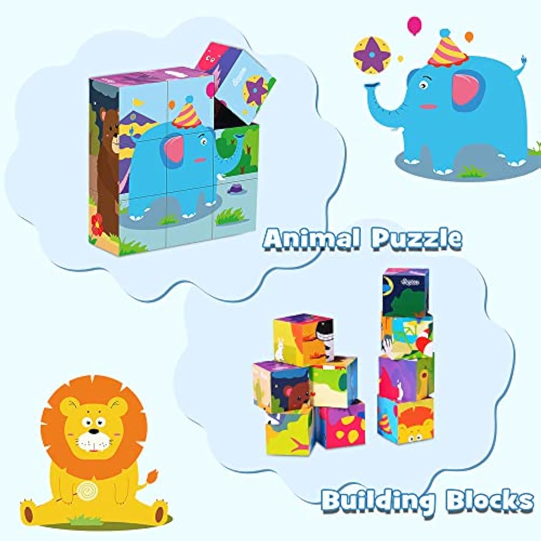 Japace Wooden Jigsaw Puzzles for Toddlers, 6 in 1 Animal Puzzle 3D Wooden Cube Block Toys Montessori Educational Games for Kids 1 2 3 4 Years Old Birthday for Boys and Girls (Medium)