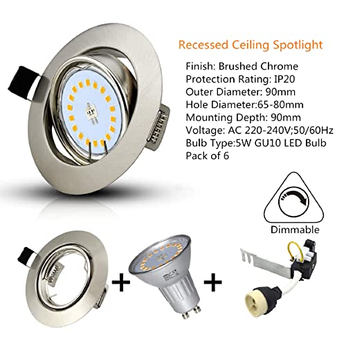 Allesgute 6X 5W GU10 Downlights for Ceiling Dimmable, 30 Tilt Swivel LED Recessed Ceiling Lights Round Brushed Chrome Spotlights 240V Cool White,