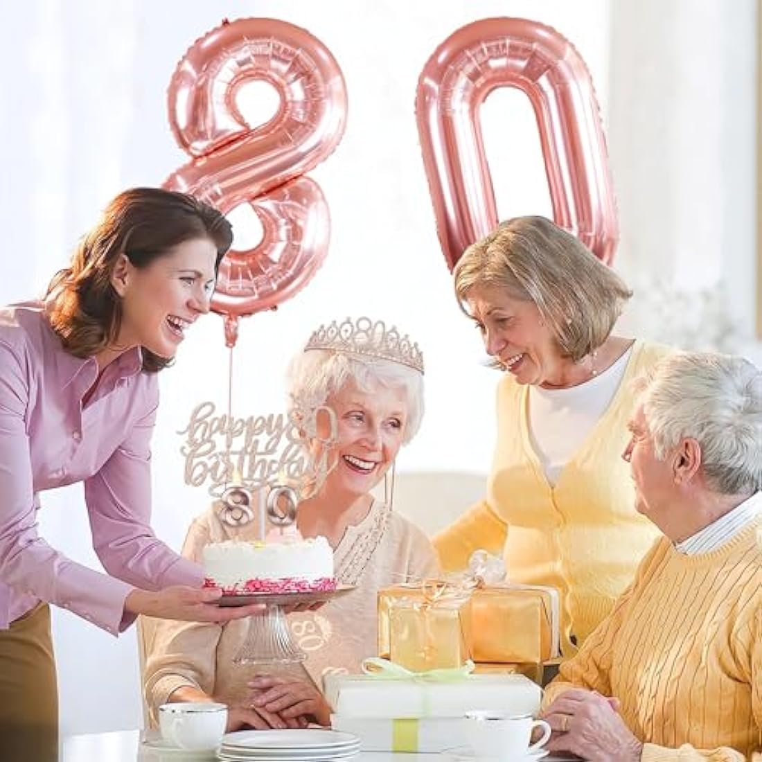 Amosking 80th Birthday Decorations for Women, Including 80th Birthday Sash and Tiara, Cake Topper and Candles, Rose Gold Number Balloons, 80 Year Old Gifts for Women