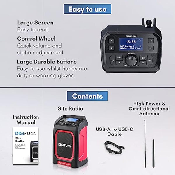 DigiFunk Work Site Radio | USB Rechargeable | DAB+, DAB, FM, Bluetooth, AUX Input | IP65 Waterproof Rugged Durable Design | Perfect for Builders, Outdoors, Warehouse, Garage, DIYer, Shed | Red