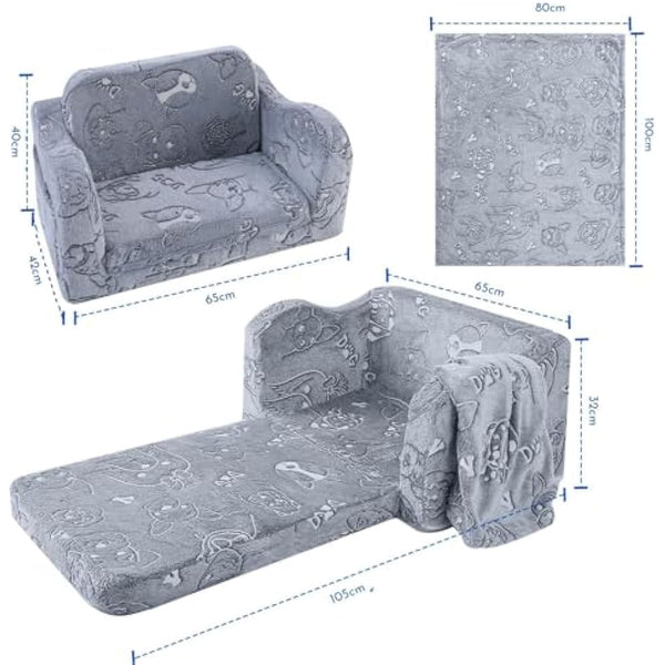 MeMoreCool Kids Sofa, Toddler Fold Out Chair for Girls Boys, Glow in The Dark Comfy Folding Baby Couch Convertible to Lounge, Kids Soft Plush Recliner for Childrens Playroom, Glowing Dogs