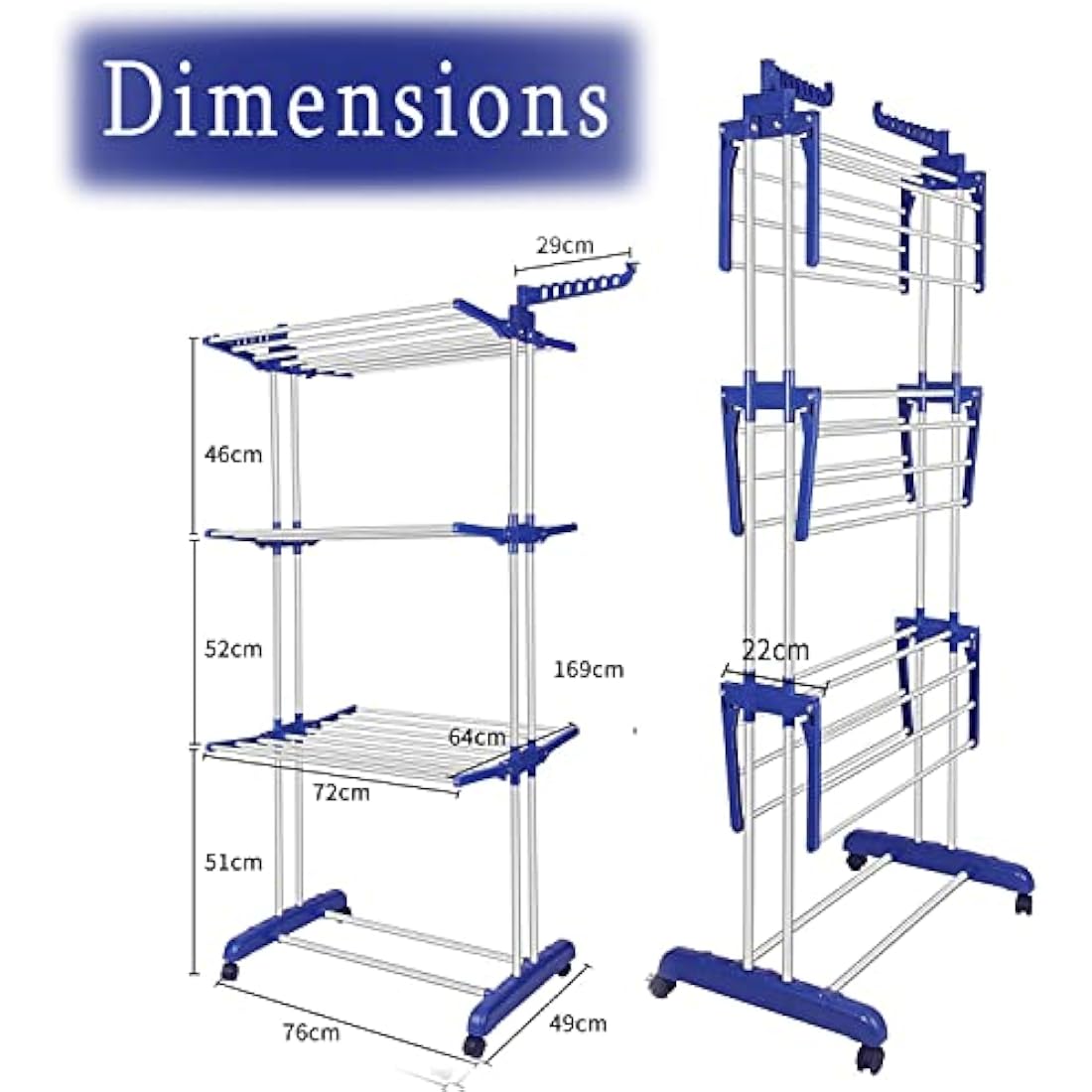 IFJA 4 Tier Airer Clothes Drying Rack | Adjustable Rolling Stainless Steel Laundry Rack Stand with Foldable Wings Casters for Indoor Outdoor | Garments Blue Hanger with Retractable Trays | 74x170x48cm