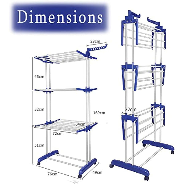 IFJA 4 Tier Airer Clothes Drying Rack | Adjustable Rolling Stainless Steel Laundry Rack Stand with Foldable Wings Casters for Indoor Outdoor | Garments Blue Hanger with Retractable Trays | 74x170x48cm