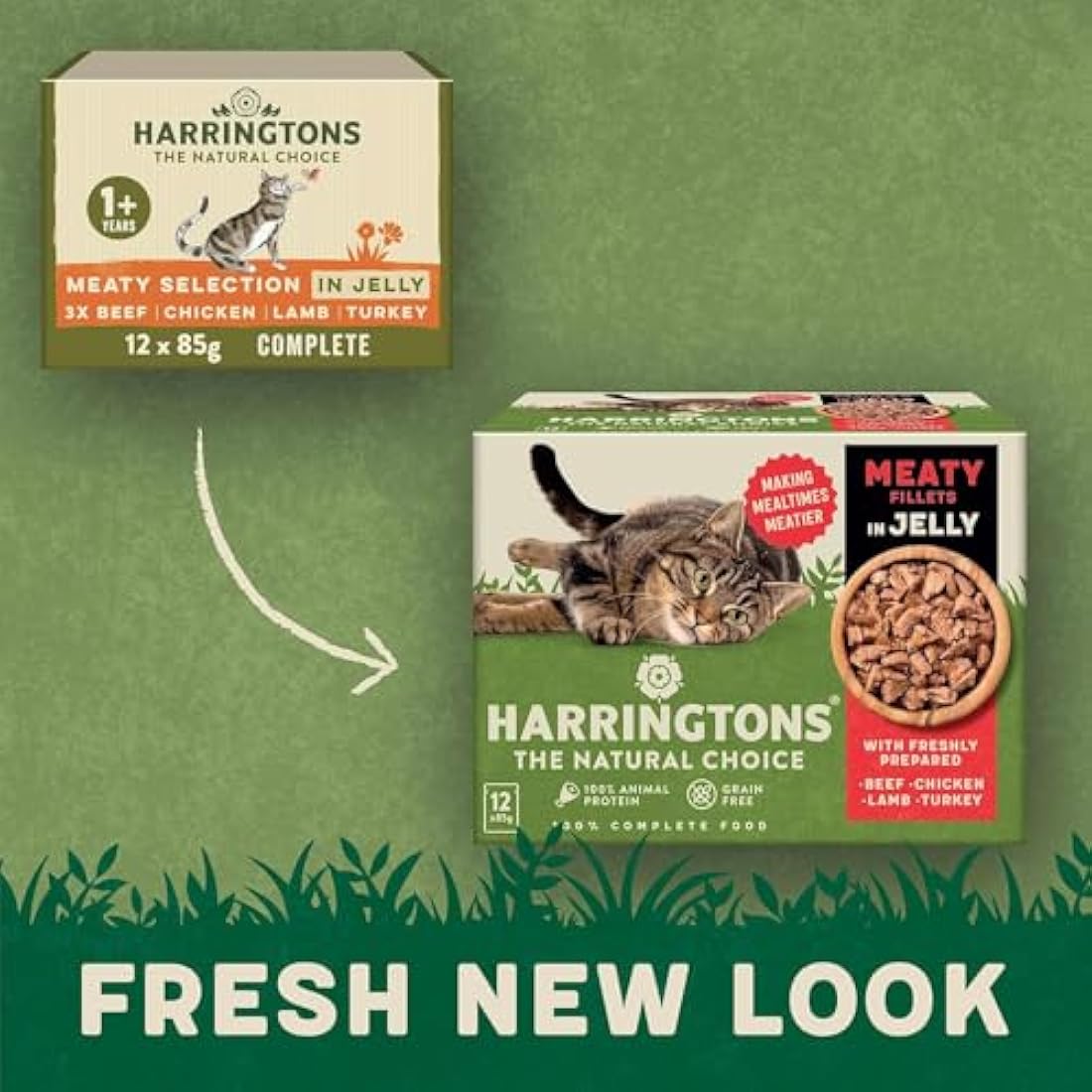Harringtons Complete Wet Pouch Grain Free Hypoallergenic Adult Cat Food Meaty in Jelly Pack 72x85g - Beef, Chicken, Lamb & Turkey - Making Mealtimes Meatier