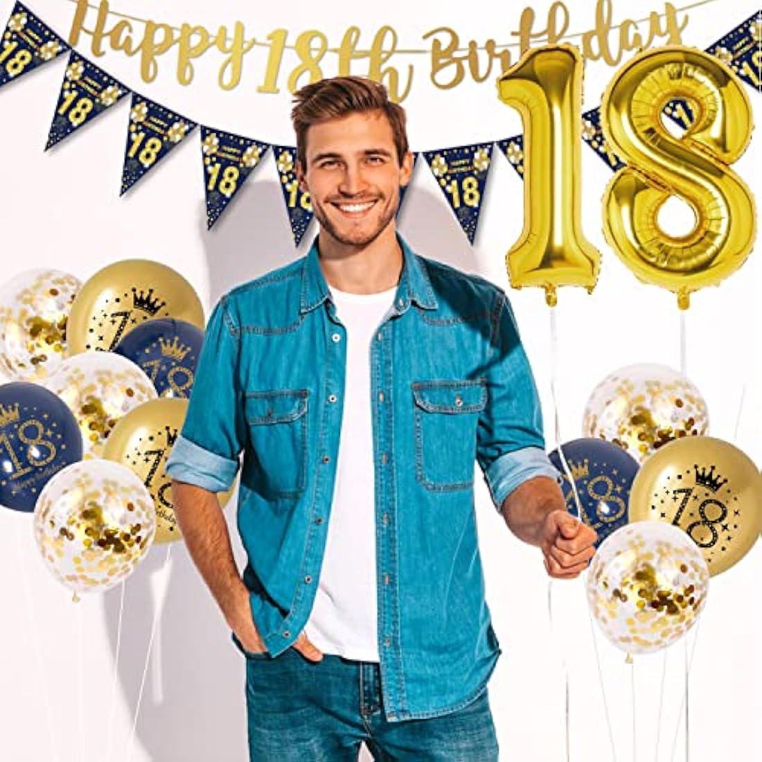 18th Birthday Decorations Boys Blue Gold Happy 18th Birthday Banner, 18th Birthday Balloons, Navy Blue Gold Latex Balloons Party Decorations Confetti Balloons for Boys 18 Birthday Party Supplies