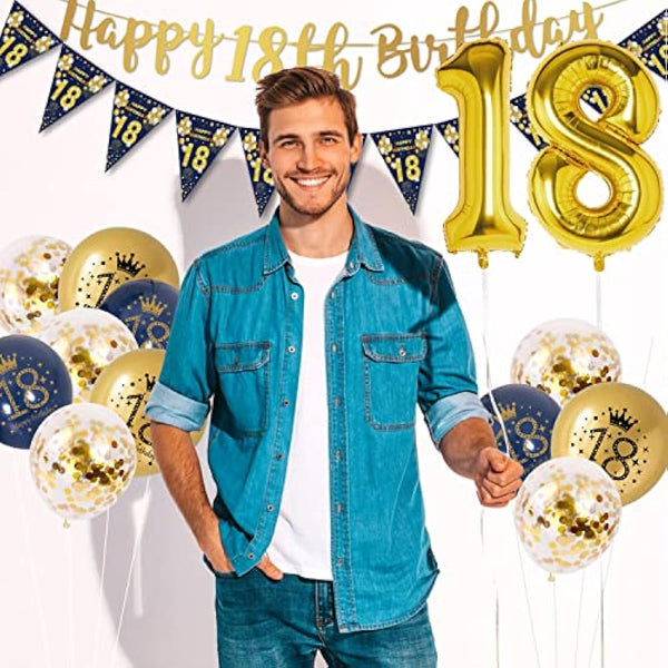 18th Birthday Decorations Boys Blue Gold Happy 18th Birthday Banner, 18th Birthday Balloons, Navy Blue Gold Latex Balloons Party Decorations Confetti Balloons for Boys 18 Birthday Party Supplies