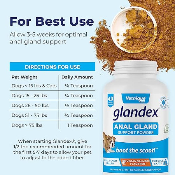 Glandex Dog & Cat Anal Gland Sac Fiber Supplement Powder With Pumpkin, Digestive Enzymes & Probiotics – Vet Recommended Healthy Bowels & Digestion - Boot The Scoot by Vetnique Labs (114g)
