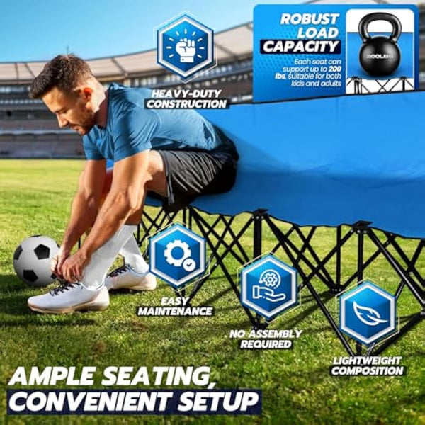 Flexzion Portable Folding Bench Seat, 6 Seater, Collapsible Soccer Bench, Portable Bench Seats for Bleachers, Camping, Sideline, with Back Rest and Carrying Bag, Blue