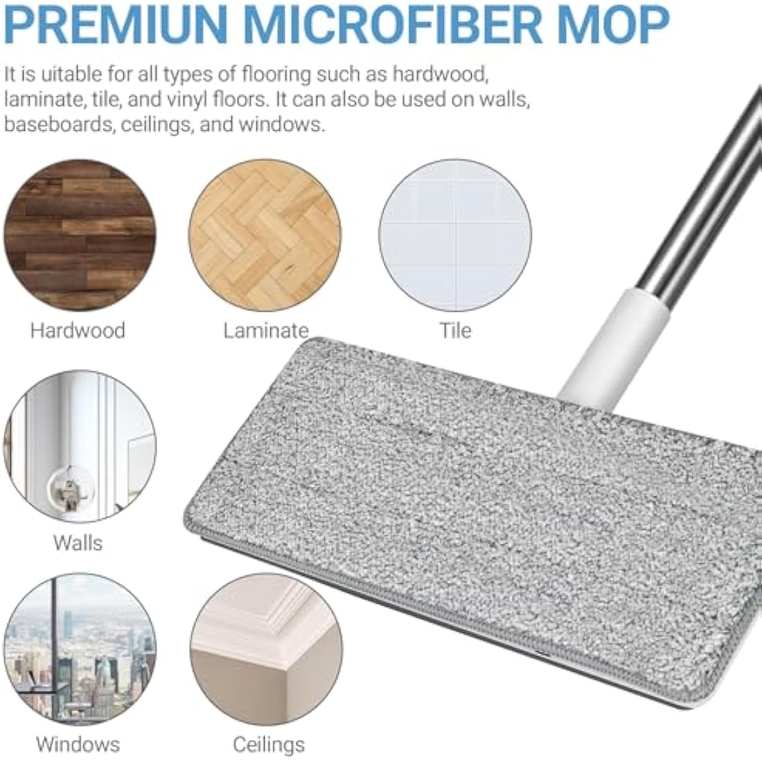 MASTERTOP Mop and Bucket - Hands-Free Floor Cleaner Mops with 5 Reusable Microfibre Mop Pads, 360° Rotating Flat Mops & Wet/Dry Cleaning System for Hardwood, Tile, Marble Floors - White