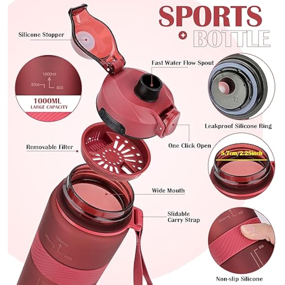 CodiCile Water Bottle, BPA Free 1l Water Bottle Leak Proof Drinks Bottle, Large Sports Bottle Great for Gym, School, Office and Travel (Red)