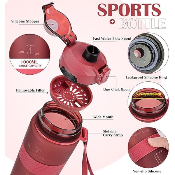 CodiCile Water Bottle, BPA Free 1l Water Bottle Leak Proof Drinks Bottle, Large Sports Bottle Great for Gym, School, Office and Travel (Red)