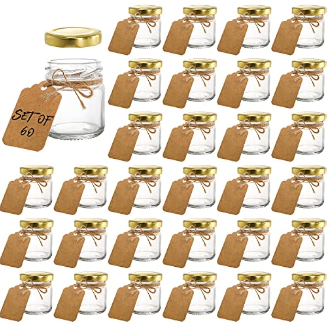 Kingrol 60 Pack Mini Glass Jars with Gold Screw Lids - 45ML Round Jars for Spices, Herbs, Jams, Crafts, Wedding Party Favors, Decor