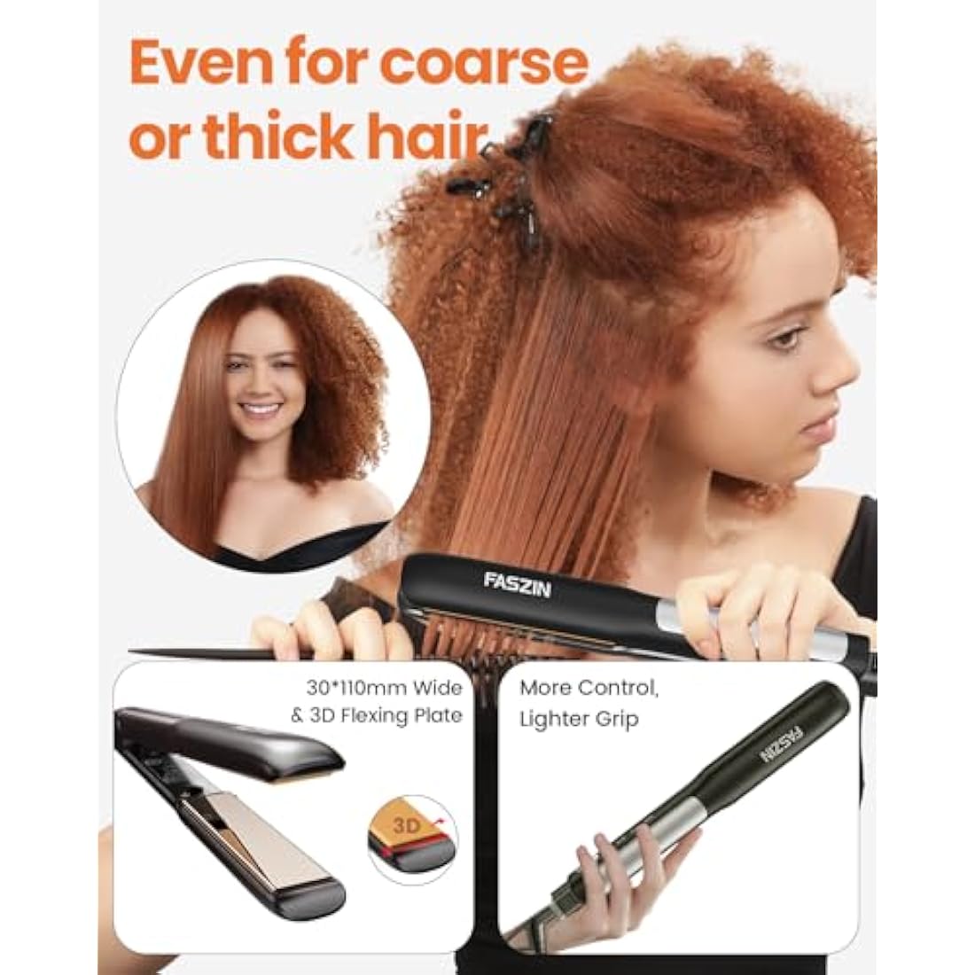 Faszin Hair Straighteners, Ionic Titanium Plate for Smooth Shiny Results, 20S Fast Heat Up Flat Iron, Clear LCD Display (Black)