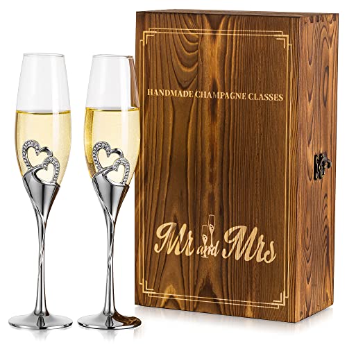 Personalised Champagne Glasses Wedding Gifts - Set of 2 Mr and Mrs Champagne Flutes with Engraved Wooden Gift Box Silver Crystal Champagne Glass