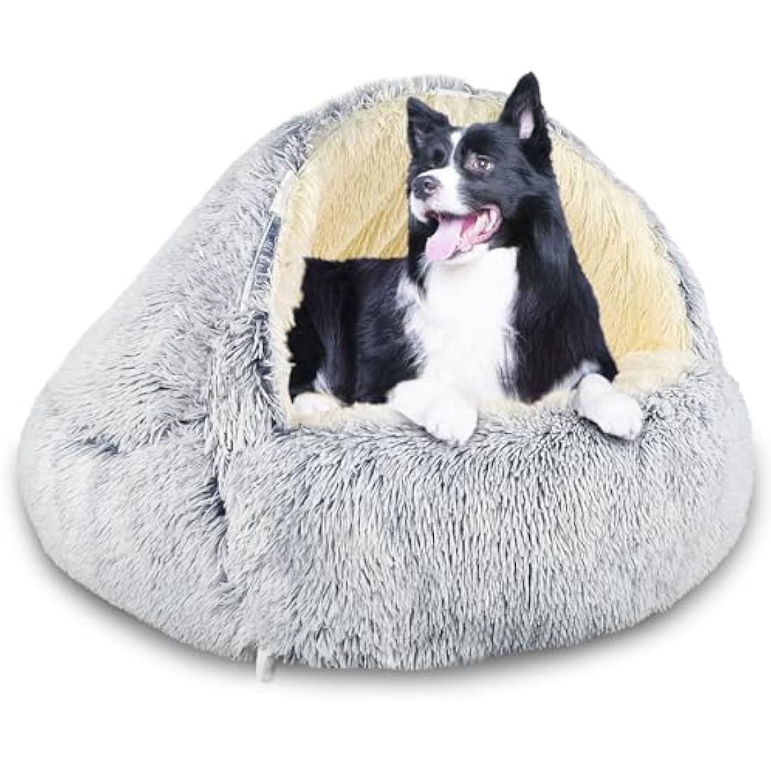 SUOXU Hooded with Supports Dog Bed,Deluxe Plush Dog Cave Bed for Medium Small Dogs, Warming Cozy Soft Faux Fur Donut Calming Anti-Anxiety Pet Bed,Removable Washable Cover and Anti Slip (Grey)
