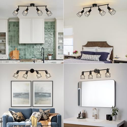 FORCOSO Ceiling Lights Spotlight, 4 Way Spot Lights 350°Adjustable, E14 Base Black Light Shade Metal Wire Cage Light Fittings, Industrial Wall Ceiling Lamp for Kitchen Living Room Hallway Bedroom