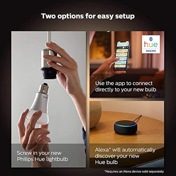 Philips Hue New White Ambiance Smart Light Bulb 4 Pack 60W - 800 Lumen [E27 Edison Screw] with Bluetooth. Works with Alexa, Google Assistant and Apple Homekit.