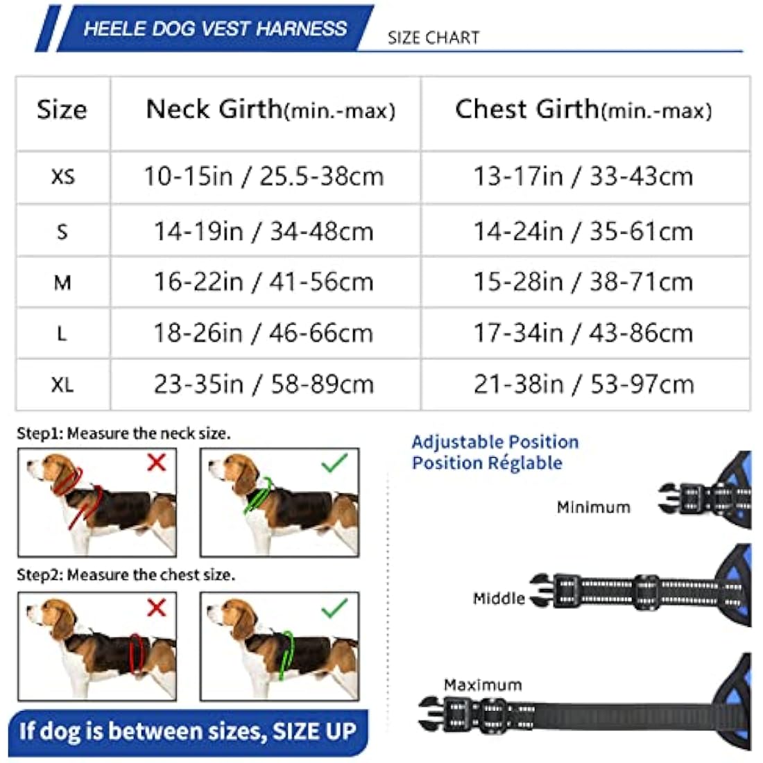 HEELE No Pull Dog Harness - Ex-Large, Release on Neck, Reflective, Adjustable with Front & Back Leash Attachments & Soft Padded Control Handle - Blue, XL
