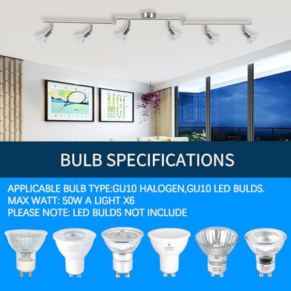 HURYEE Kitchen Lights, 6-Light Ceiling Lighting Kits, Swivelling Ceiling Spotlight for Bedroom, Kitchen and Living Room(GU10 LED Bulbs not Included) (Brush Nickel), TLK6head
