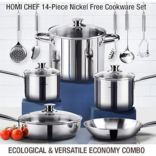 HOMICHEF 14-Piece Nickel Free Stainless Steel Cookware Set - Nickel Free Non-Toxic Stainless Steel Pots and Pans Set - Healthy Induction Cookware