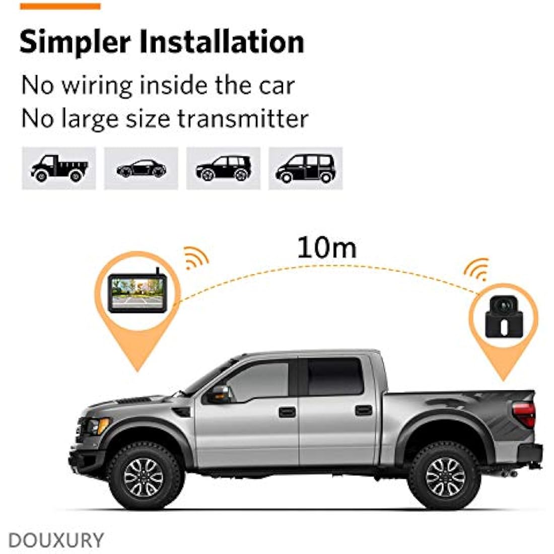 Wireless Reversing Camera, DOUXURY 4.3'' LCD Rear View Monitor + 170° Wide Angle IP68 Waterproof Rear View Camera, Night Vision Universal for Car Van Semi Truck