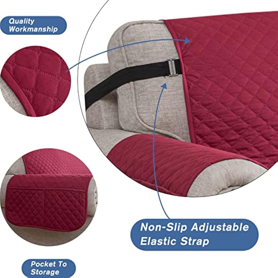 XINEAGE Quilted Sofa Covers 4 Seater, Water Resistant Sofa Slipcovers with Pockets, Extra Large Couch Covers for Dogs Pets, Reversible Sofa Protector with Elastic Strap Washable (XL-Sofa, Red)