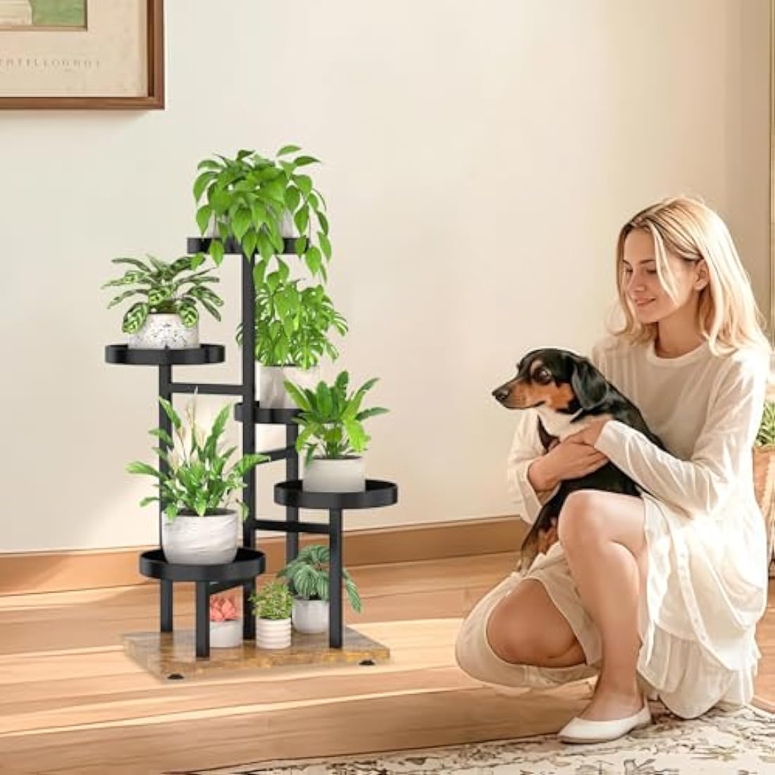 iDavosic.ly 5 Tier Plant Stand Indoor, Tiered Corner Tall Outdoor Plant Shelf for Multiple Plants, Metal Wood Flower Stand Display Rack Holder for Patio Garden Porch Window Living Room, Black