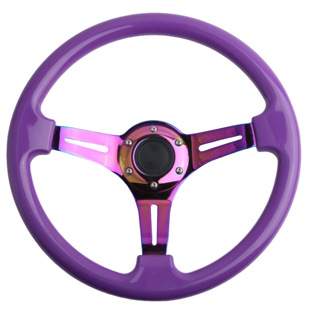 350mm Green Racing Steering Wheel Neo Chrome Spoke Universal 6 Bolts 45mm Deep Dish Classic ABS Wood Steering Wheel with Horn Button