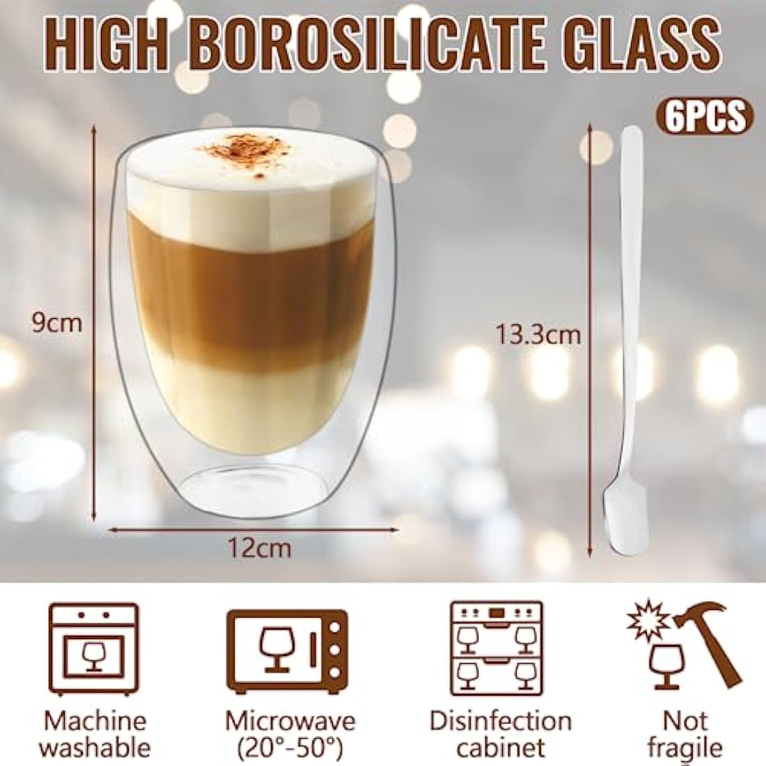 6x350ml Double Walled Glass Coffee Mugs with Spoon, Heat Resistant, Clear Double Glass Coffee Cups for Cappuccino Latte Tea Juice Milk Ice Cream