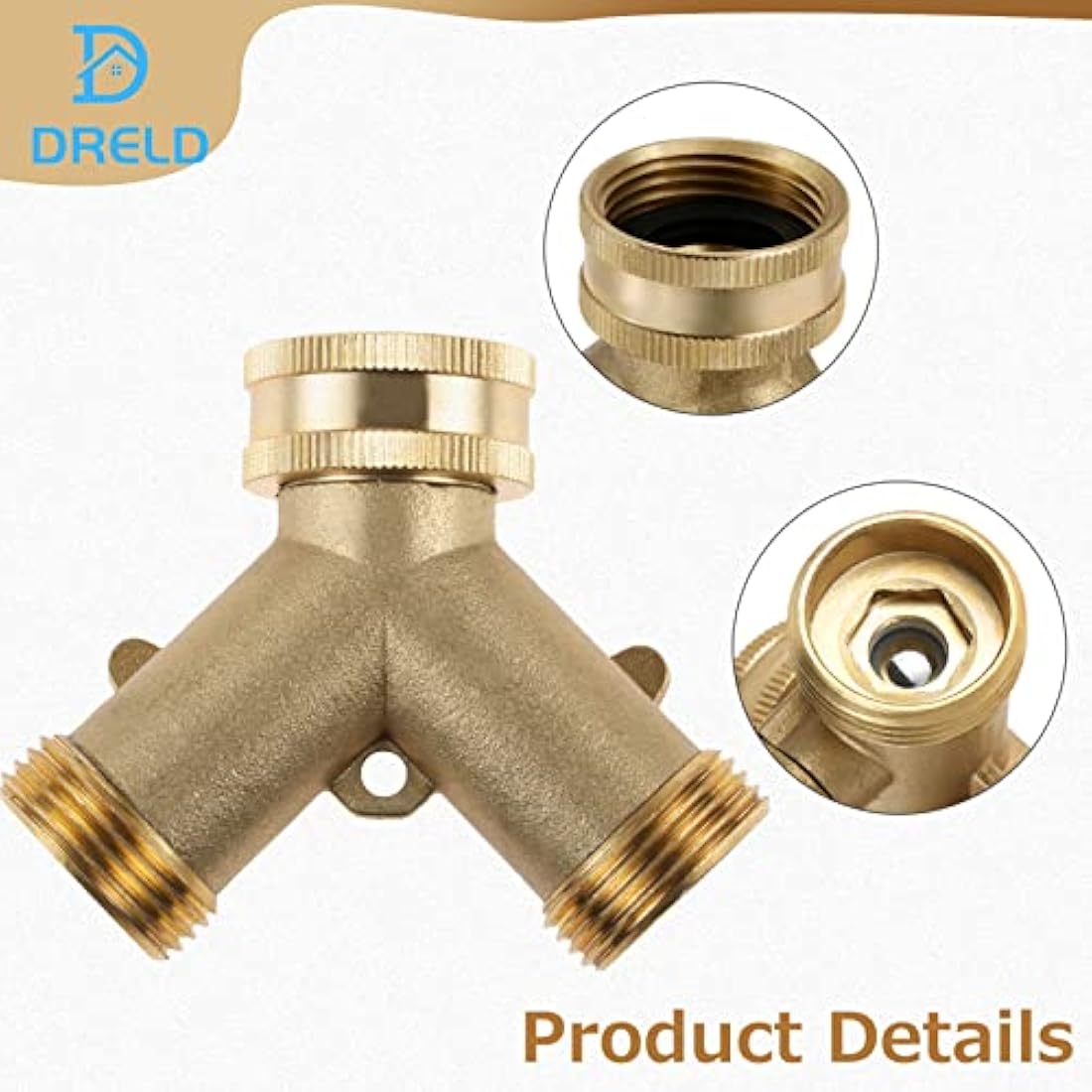 DRELD 3/4" Tap Y Splitter, Brass Tap Manifold 2 Way Garden Hose Connector Adapter with Valves and Rubbers for Outdoor, Garden, Courtyard, Lawn, Kitchen, Bathroom Standard Faucet (3/4 Y Tap)