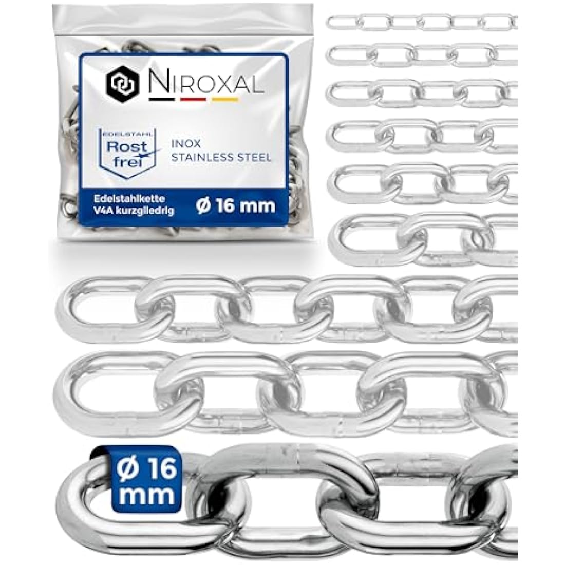 150 cm = 1.5 m 16 mm thick anchor chain, sold by the metre, V4A metal chain, short links in one piece, swing chains, A4, DIN 56856, iron chain, DIN 766, rustproof barrier chain, stainless steel, 1.5 m