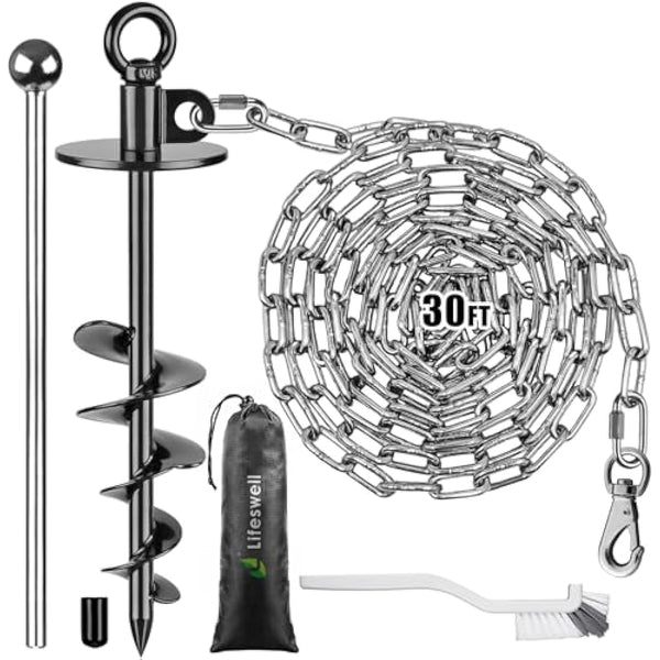 Dog Tie Out Chains and Stake, 30ft Chew Proof Stainless Steel Dog Chains for Outside, 15" Heavy Duty Dog Anchor for Dogs Up to 125lbs, Fully Welded, No Tangle, Ideal for Yard and Camping