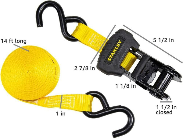 STANLEY S1007 Black/Yellow 1.5" x 16' Ratchet Tie Down Straps - 1,100 lb Safe Working Load / 3,300 lb Break Strength, 2 Pack