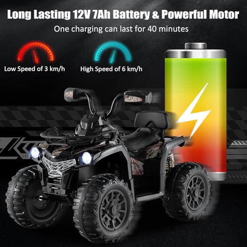 COSTWAY 12V Electric Kids Quad Bike, Battery Powered Ride on Car ATV with Head lights, Music, MP3, Storage Basket, Backward Function, for Boys and Girls Aged 3-8 Years (Black)