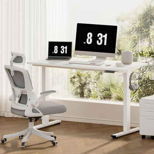 FLEXISPOT E1 Plus ONE PIECE Electric Standing Desk Height Adjustable Sit Stand Desk with Memory Smart Panel(120 * 60cm, White Frame+Maple Desktop)
