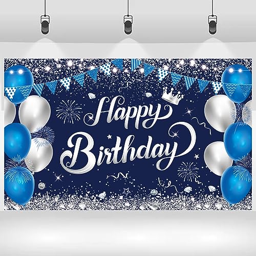 Happy Birthday Banner - 1.1 x 1.8m Blue Silver Backdrop, Decorations for Boys & Girls, Perfect for Birthday & Anniversary Parties