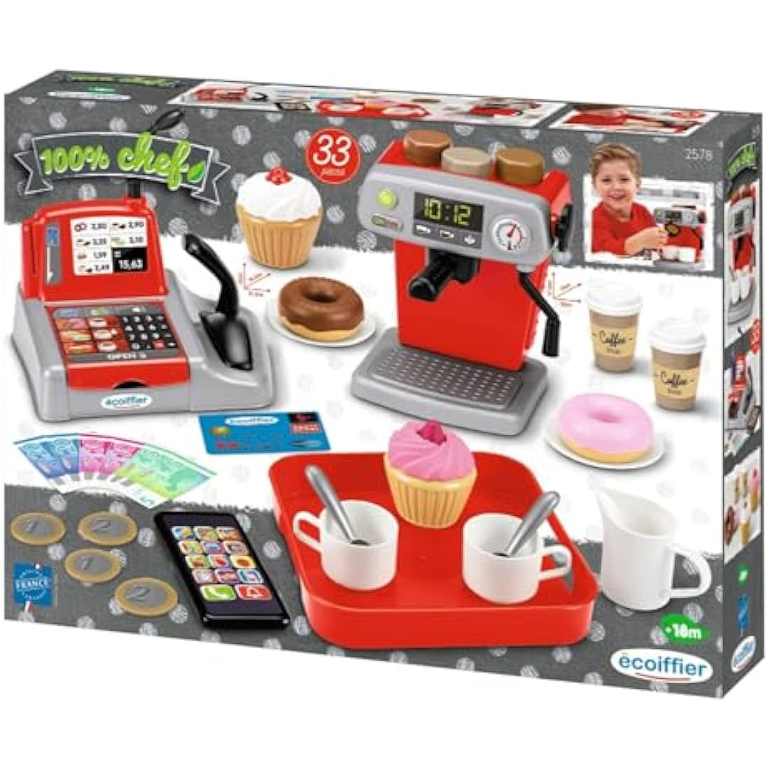 Ecoiffier Coffee Shop - Playset with Coffee Maker, Donuts, Coffee Service, Cashier, Play Money, Mini Smartphone, for Children from 18 Months