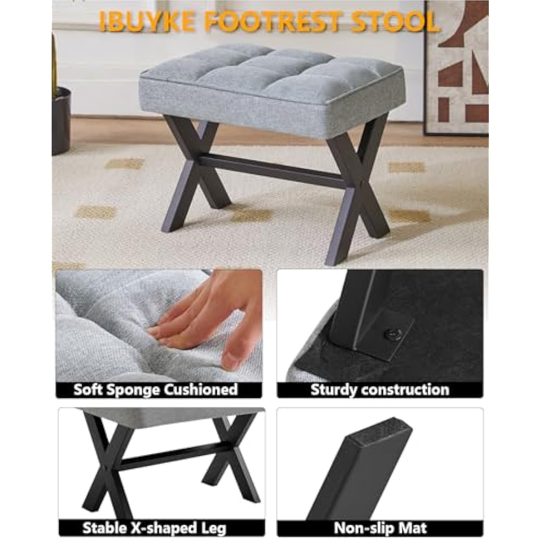 IBUYKE Small 12" H Footrest Stool, Square Linen Foot Stool with Metal X-Leg, Multi-Use as Small Side Table, Step Stool for Living Room, Bedroom, Entryway, Office, Blue Gray WBD011L