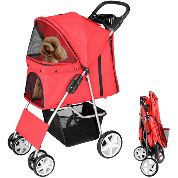 display4top Pet Travel Stroller Dog Cat Pushchair Pram Jogger Buggy With 4 Wheels (Red)