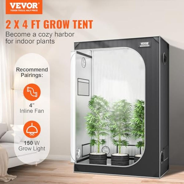 VEVOR 2x4 Grow Tent, 48'' x 24'' x 72'', High Reflective 2000D Mylar Hydroponic Growing Tent with Observation Window, Tool Bag and Floor Tray for Indoor Plants Growing